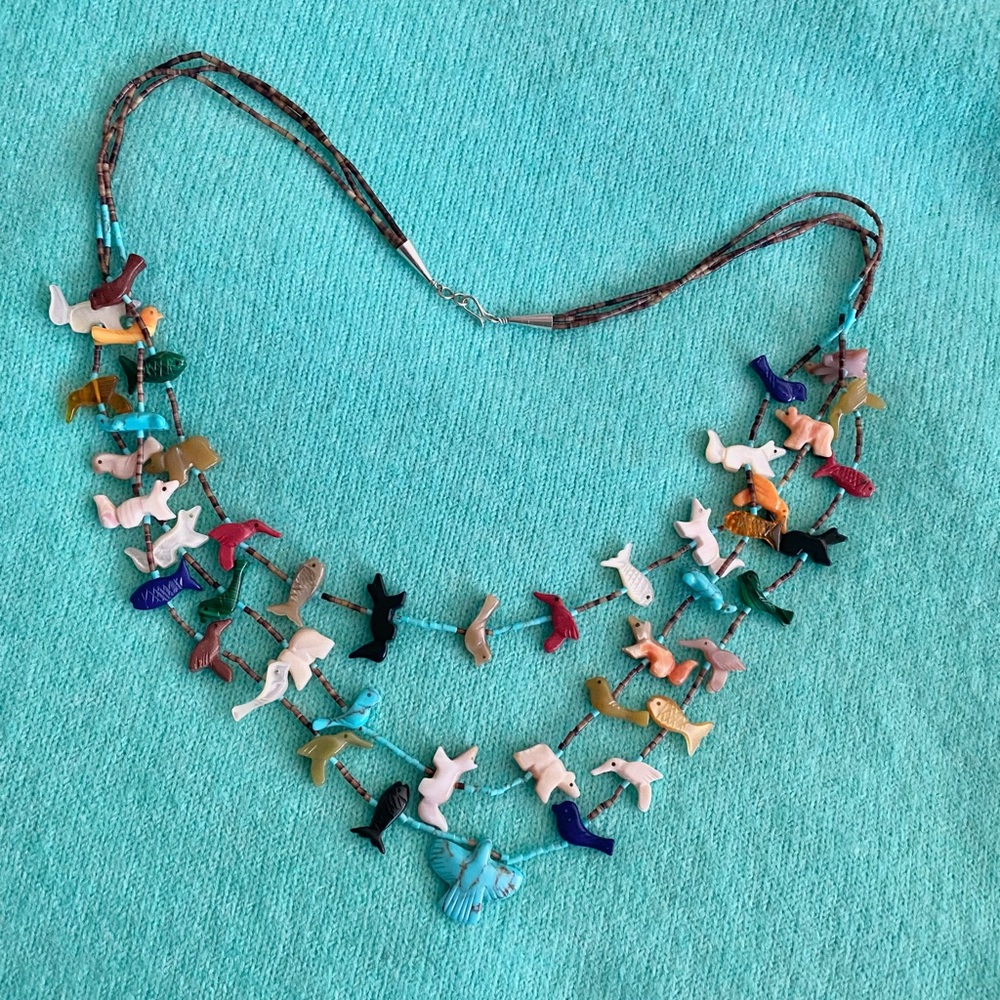 Native American Triple Strand Zuni Birds & Animals Multi Gemstone Necklace